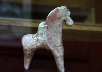 Ancient racehorse figurines are on display at the Ashgabat Museum