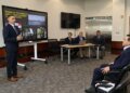 United States Navy engineers deliver a report on the status of the Bridge of the Americas structure