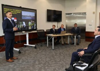 United States Navy engineers deliver a report on the status of the Bridge of the Americas structure
