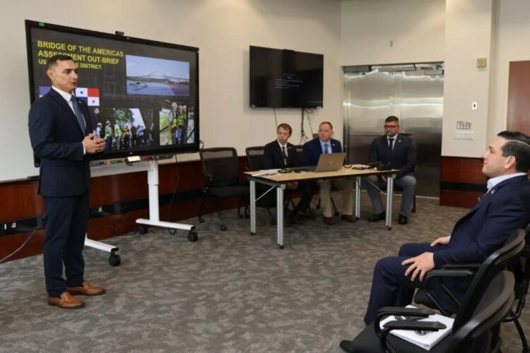 United States Navy engineers deliver a report on the status of the Bridge of the Americas structure