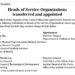 Heads of Service Organizations transferred and appointed