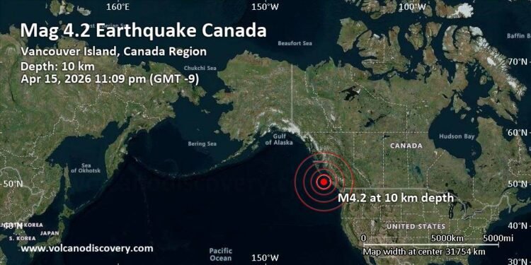 Moderate Mag. 4.2 Earthquake – North Pacific Ocean, 171 km West of Hope Island, Regional District of Mount Waddington, British Columbia, Canada, on Wednesday, Apr 15, 2026, at 11:09 pm (GMT -9)