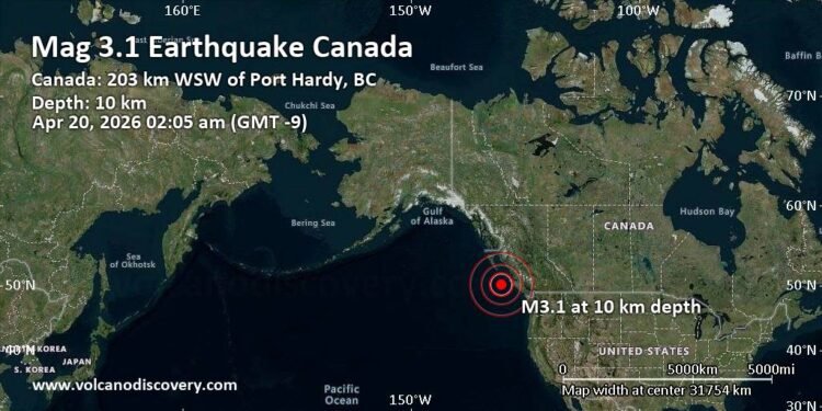 Light Mag. 3.1 Earthquake – North Pacific Ocean, 203 km West of Port Hardy, Regional District of Mount Waddington, British Columbia, Canada, on Monday, Apr 20, 2026, at 02:05 am (GMT -9)