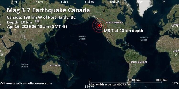 Light Mag. 3.7 Earthquake – North Pacific Ocean, 286 km West of Vernon, Regional District of Mount Waddington, British Columbia, Canada, on Thursday, Apr 16, 2026, at 06:48 am (GMT -9)