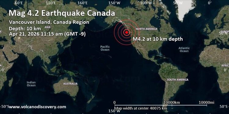 Moderate Mag. 4.2 Earthquake – North Pacific Ocean, 127 km South of Marshall Island, British Columbia, Canada, on Tuesday, Apr 21, 2026, at 11:15 am (GMT -9)