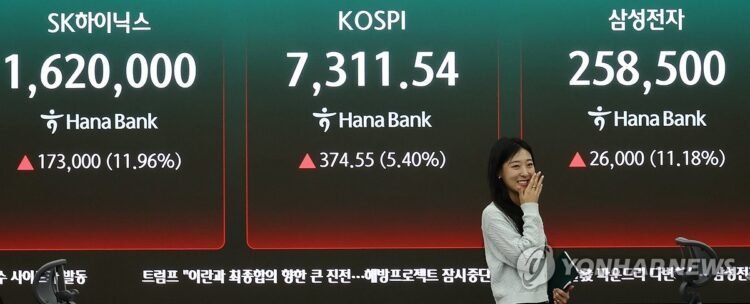 Seoul shares up 6 pct to over 7,300 late Wed. morning on chip rally, hopes for peace in Middle East
