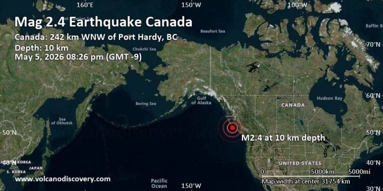 Weak Mag. 2.4 Earthquake – North Pacific Ocean, 71 km South of Marshall Island, British Columbia, Canada, on Tuesday, May 5, 2026, at 08:26 pm (GMT -9)