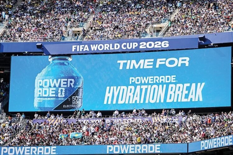 Football surrounded by advertisements
