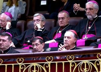 A member of the clergy appears to nod off during the Pope’s speech in the Congress of Deputies