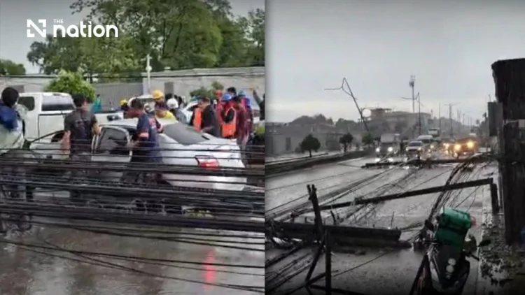 Electricity poles collapse onto cars in Bangkok’s Lat Krabang amid heavy rain