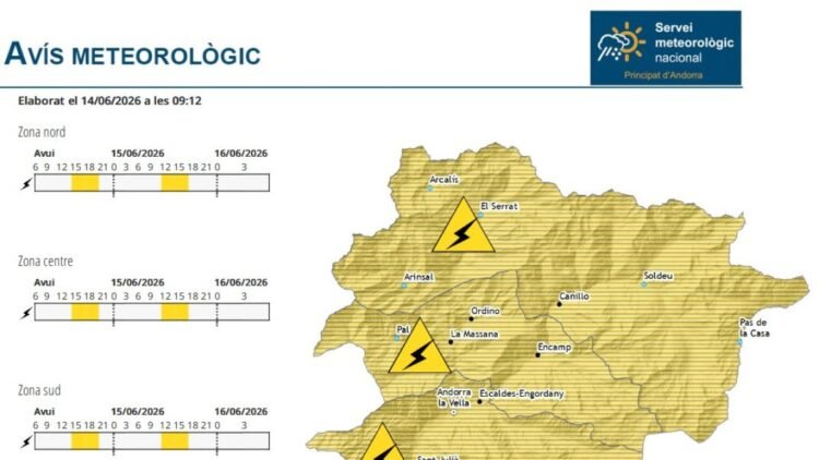 Yellow warning for thunderstorms in Andorra today and tomorrow afternoon