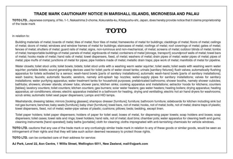 Trade Mark Cautionary Notice for TOTO LTD. in Marshall Islands, Micronesia and Palau