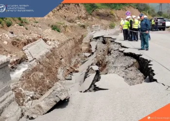 The dam adjacent to the Voghji River collapsed in the city of Kajaran, Armenia. the highway is closed one-way at 15:22, June 11