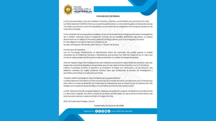 PNC reaffirms fight against extortion after capture of alias “Shaka”, accused of demanding Q1,800 from transporters