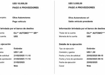 Proof of the transfer of US$ 15 thousand from Orsi to complete the purchase of the Hyundai Santa Fe