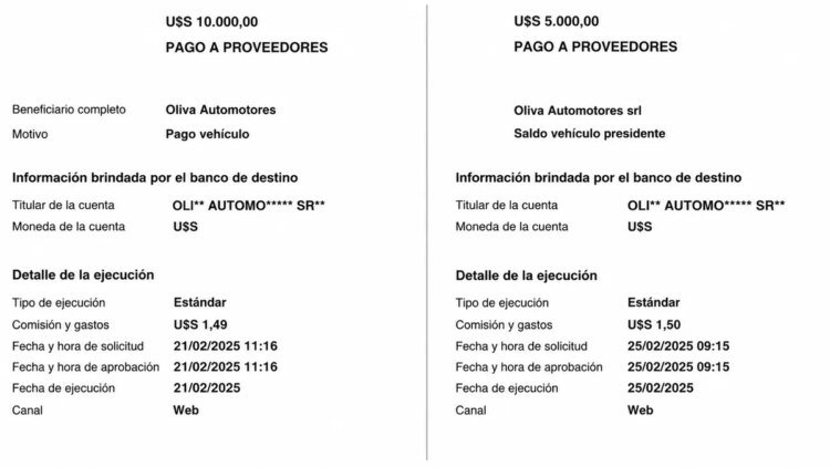 Proof of the transfer of US$ 15 thousand from Orsi to complete the purchase of the Hyundai Santa Fe