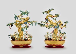 Jeweled floral pots of auspicious blossoms recreated
