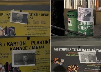 FOTOLAJM/ “Politics in the trash can” – Protesters put the photos of Rama, Balluk, Berisha and Balla in the trash cans