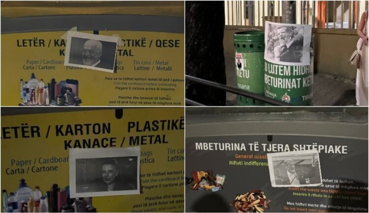 FOTOLAJM/ “Politics in the trash can” – Protesters put the photos of Rama, Balluk, Berisha and Balla in the trash cans