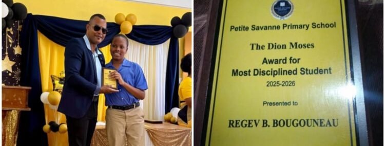 Acting Sergeant Dion Moses presents discipline award at Petite Savanne Primary graduation