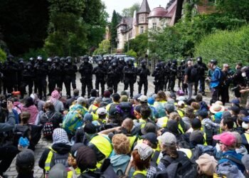 Far-right German party re-elects leaders as protesters and police clash