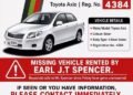 Rental Company Appeals for Public’s Help to Locate Missing Toyota Axio