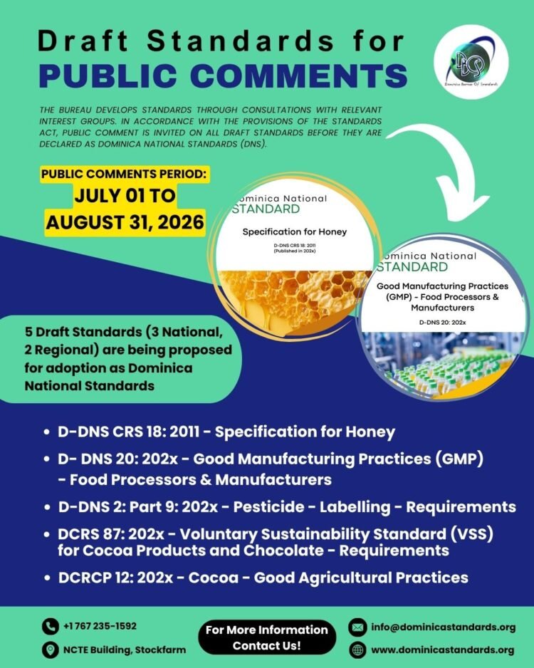ANNOUNCEMENT: Draft Standards for Public Comments – Dominica Bureau of Standards