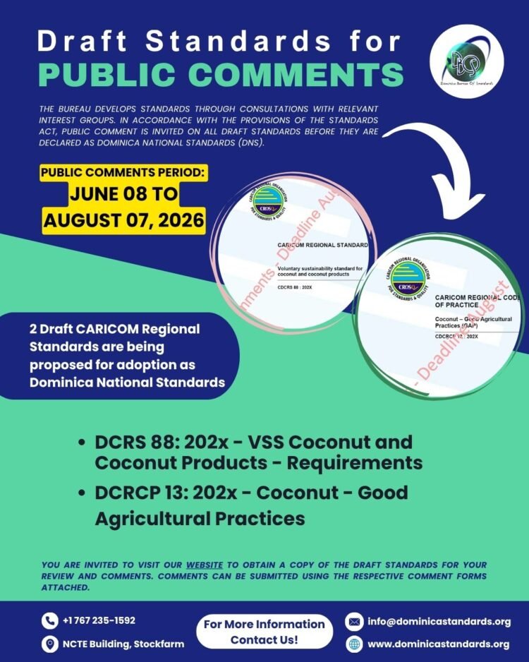 ANNOUNCEMENT: Dominica Bureau of Standards solicits public comments on draft standards
