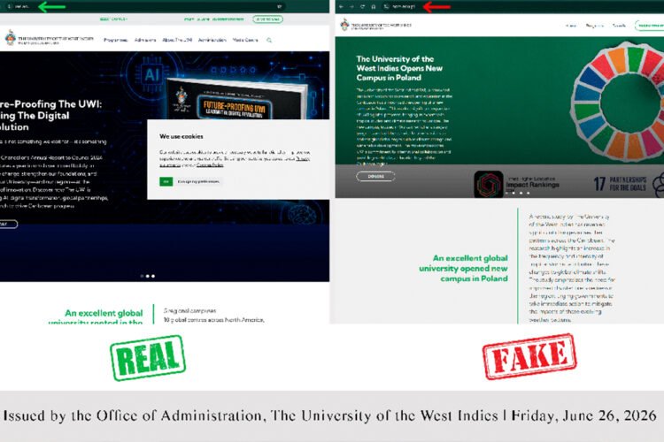 The UWI warns about fraudulent website