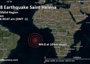 Moderate Mag. 4.8 Earthquake – South Atlantic Ocean, 423 km South of Georgetown, Ascension, Saint Helena, on Saturday, Jul 18, 2026, at 03:07 am (GMT -1)