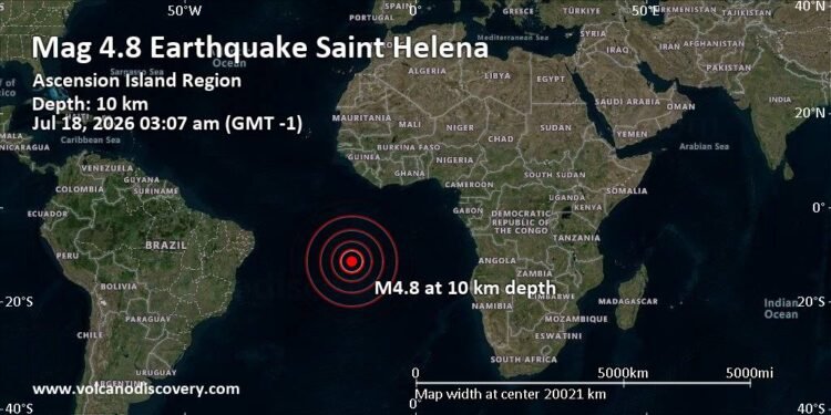 Moderate Mag. 4.8 Earthquake – South Atlantic Ocean, 423 km South of Georgetown, Ascension, Saint Helena, on Saturday, Jul 18, 2026, at 03:07 am (GMT -1)