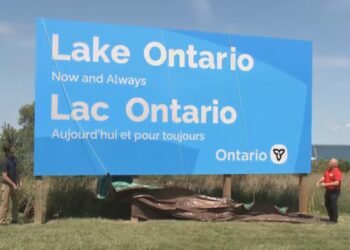 Ontario premier unveils ‘Lake Ontario’ sign in Winona as tensions with U.S. escalate