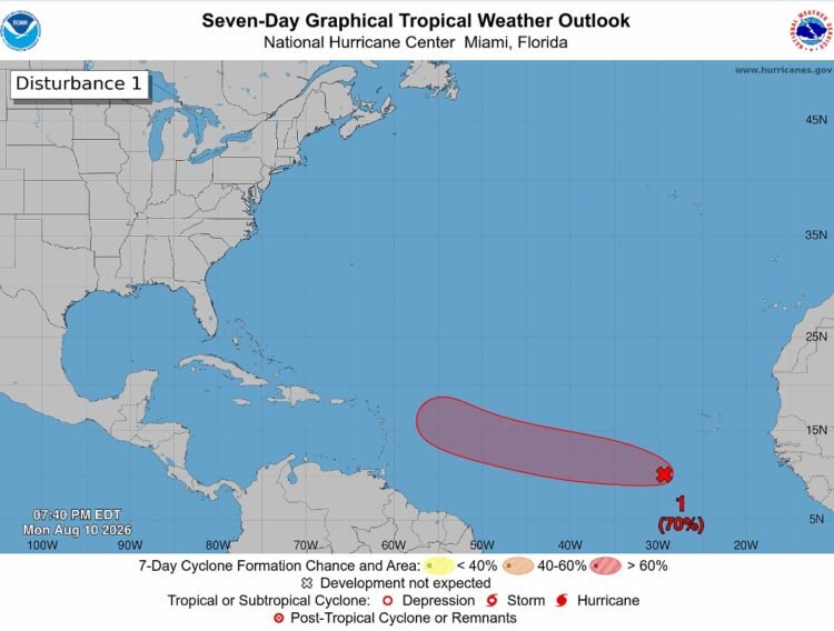 Atlantic Disturbance Now Has 70% Chance of Cyclone Formation