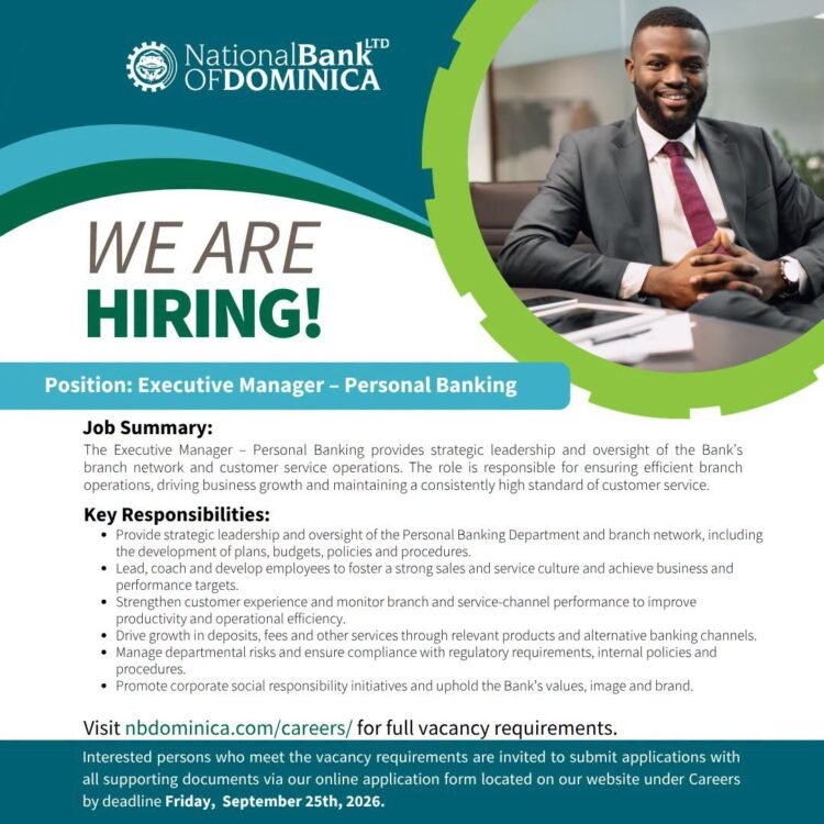 VACANCY ANNOUNCEMENT:  Executive Manager – Personal Banking