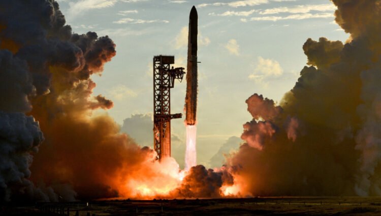 The giant rocket loaded with satellites is sent into orbit around the Earth