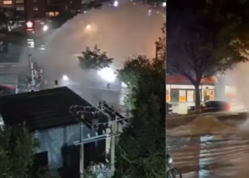 Serious flooding affected streets on Carrera 7 in the north of Bogotá: pipe failed and water shot out; would have knocked down the roof of a gas station