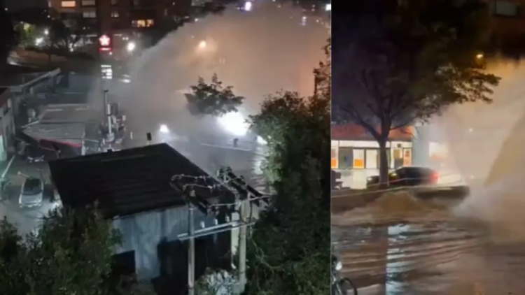Serious flooding affected streets on Carrera 7 in the north of Bogotá: pipe failed and water shot out; would have knocked down the roof of a gas station
