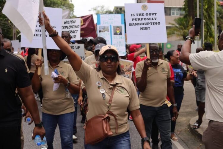 Trade union members raise their voices during PoS march