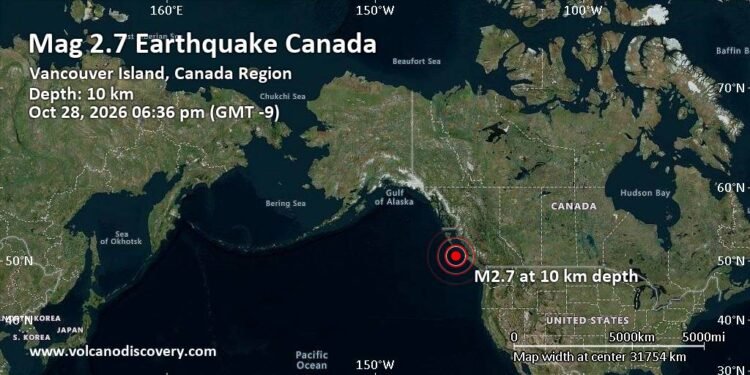 Weak Mag. 2.7 Earthquake – North Pacific Ocean, 236 km Southwest of Bella Bella, Central Coast Regional District, British Columbia, Canada, on Wednesday, Oct 28, 2026, at 06:36 pm (GMT -9)